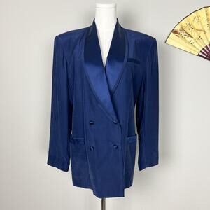 80s 90s vtg royal blue silk power academia formal chic double breasted blazer